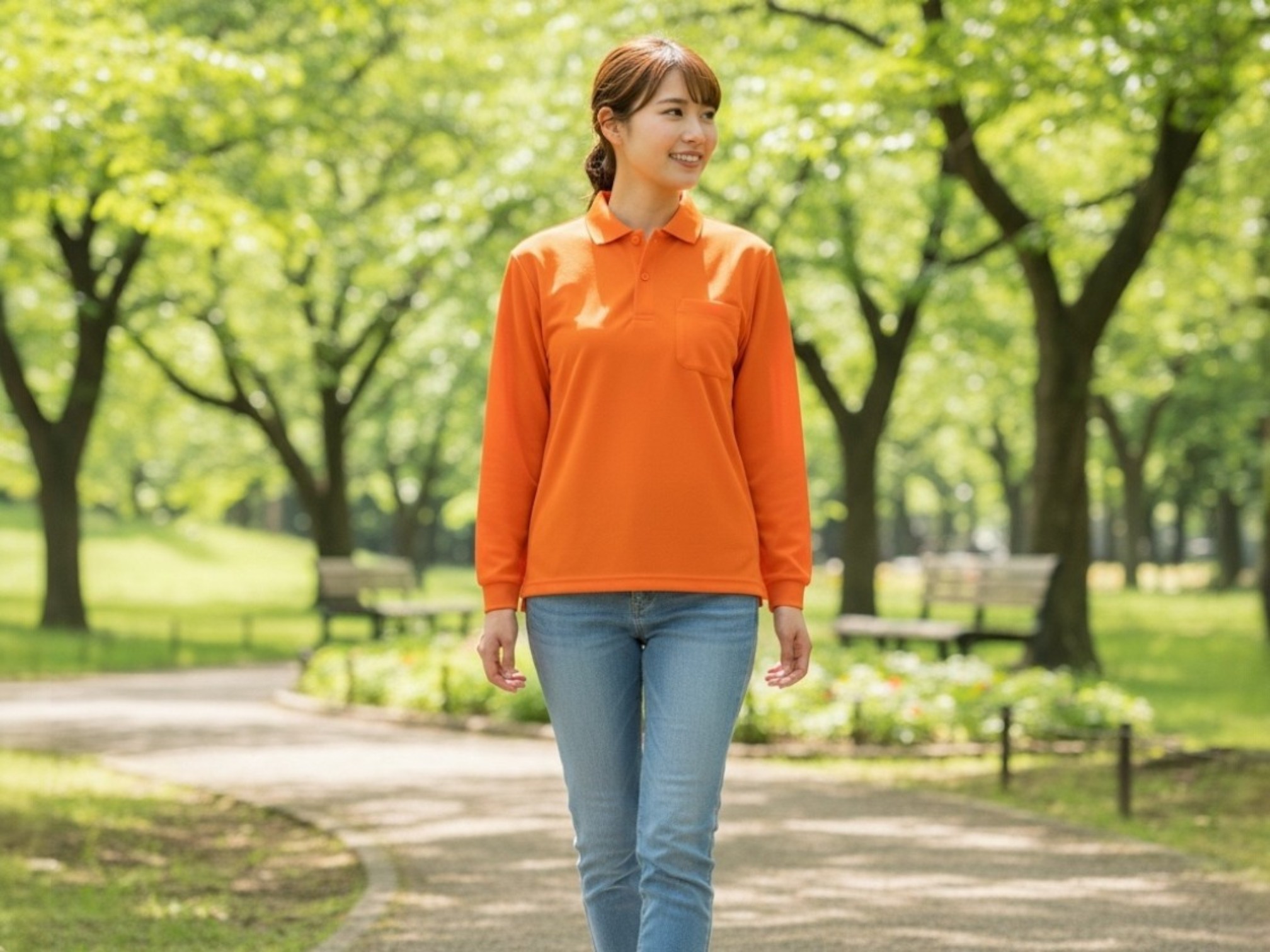 4.4オンスドライ長袖ポロシャツ（ポケット付）（着用例）